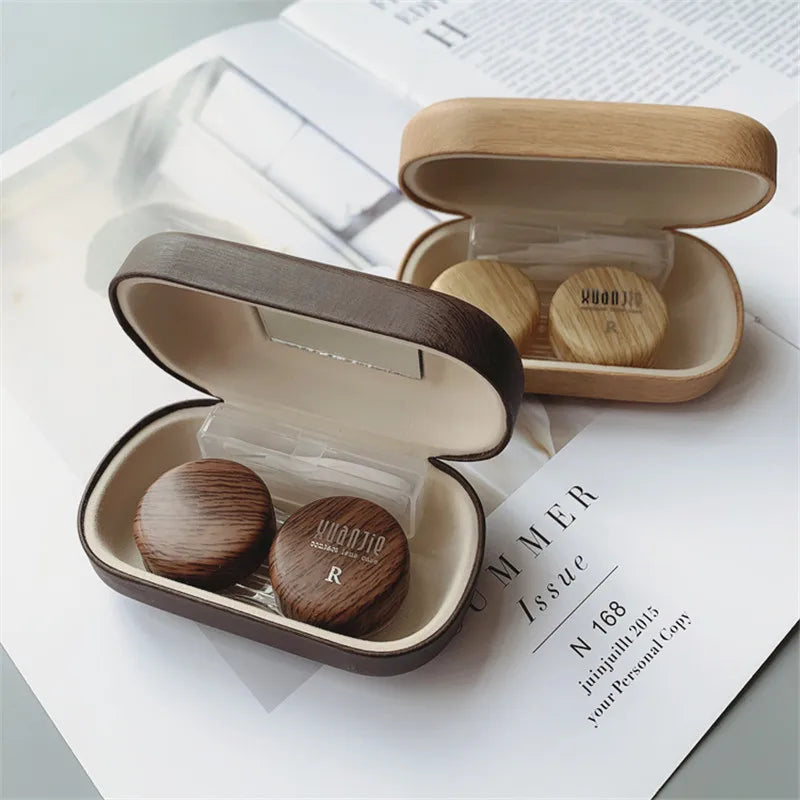 Retro Japanese Wood Grain Contact Lens Case with Mirror PU Colored Contact Lens Cosmetic Contact Box Gift Travel Case