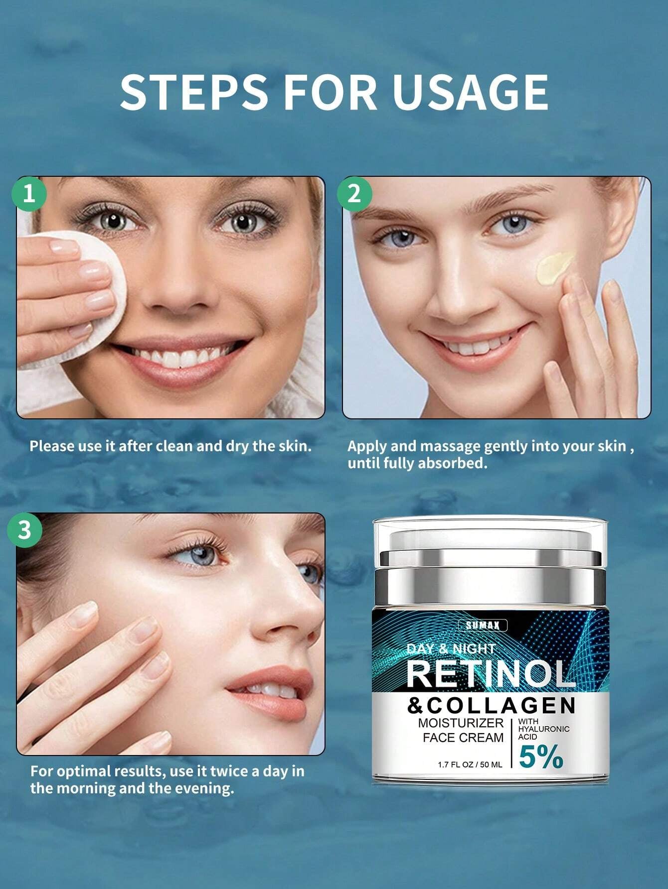 Face Moisturizer Retinol Cream - Day & Night anti Aging Moisturizing Cream to Reduce Wrinkles - Neck & Decollete Cream with Collagen & Hyaluronic Acid - Skin Care Facial Moisturizer for Women & Men-50Ml