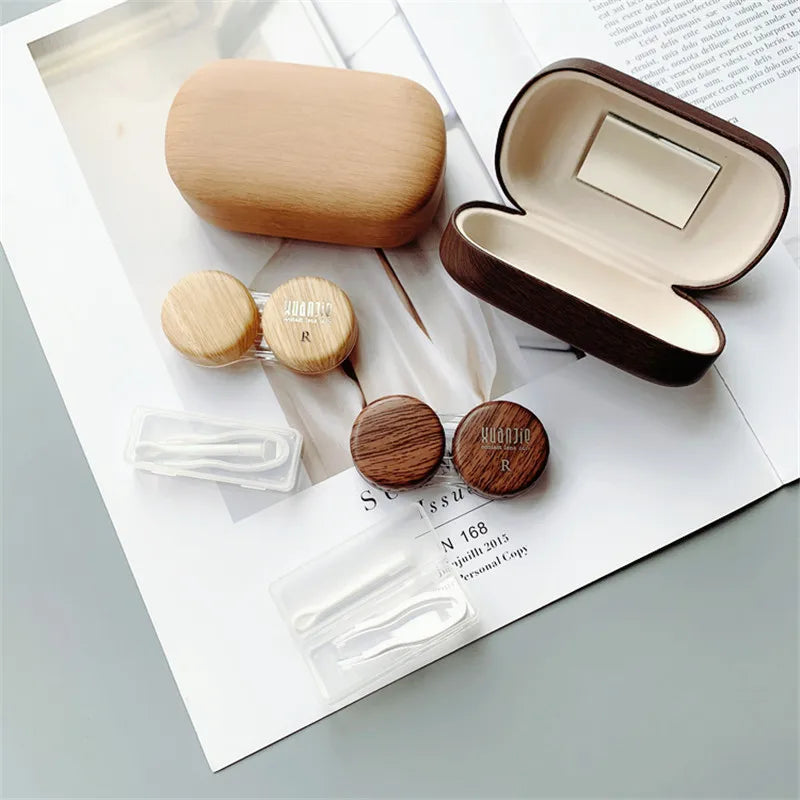 Retro Japanese Wood Grain Contact Lens Case with Mirror PU Colored Contact Lens Cosmetic Contact Box Gift Travel Case